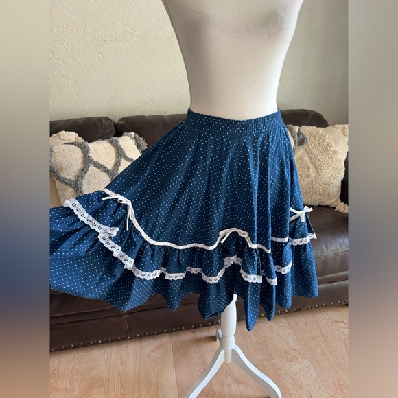 Vintage Partners Please Ruffled Square Dance Navy Blue Polka Dot Skirt Size S - Picture 5 of 14